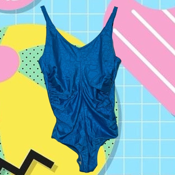80s vintage blue one piece swimsuit with a ruched sides. NO DRY ROT IN ELASTIC - Picture 1 of 5